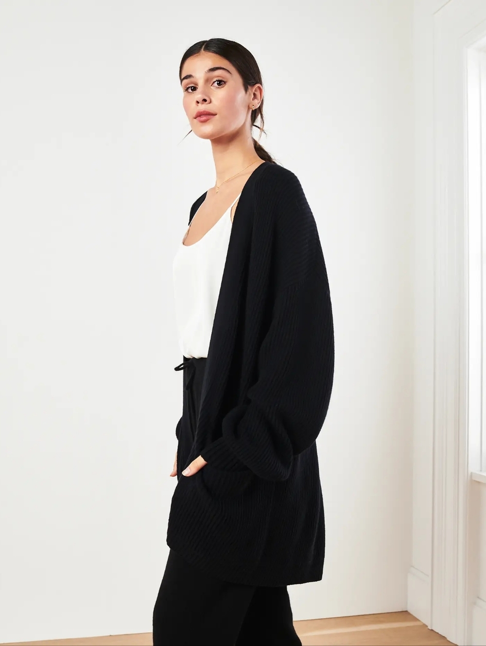 Quince Organic Cotton Oversized Open-Front Ribbed Cardigan Sweater Black Small - Picture 3 of 5